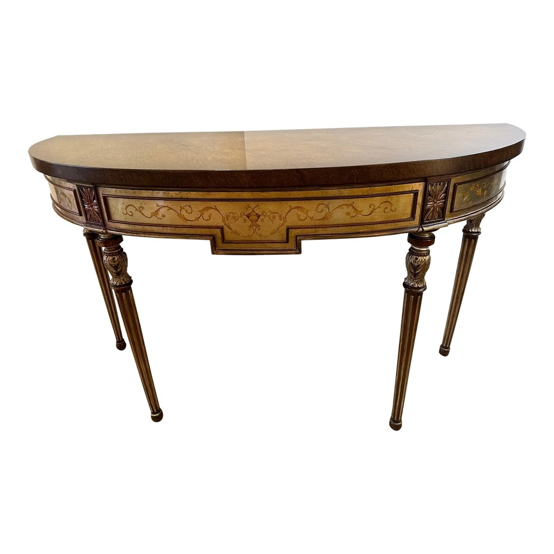 Hand Painted Demilune Console by Theodore Alexander: Dramatic Theodore Alexander hand painted demilune console with intricate details and lovely silver leaf and warm brown color palette. One drawer Condition: Alterations: Original Condition Unaltered