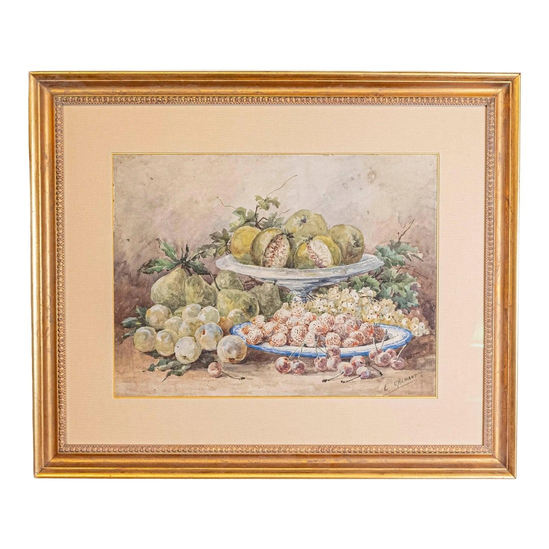French Framed 19th Century Watercolor Depicting Fruits, Signed E Calmant: A French framed watercolor from the 19th century signed E Calmant, depicting fruits surrounded by foliage. Created in France during the second half of the 19th century by Calmant, a female watercolor