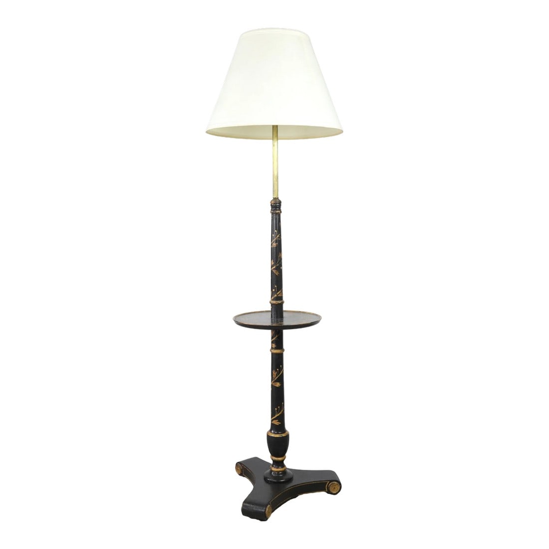 Vintage Black Small Table Floor Lamp With Hand-Painted Gold Laurel Leaves.: Vintage black small table floor lamp with hand-painted gold laurel leaves.With brass hardware 18"W * 18"D * 61"H Condition: Alterations: Original Condition Unaltered Imperfections: Some Imperfections