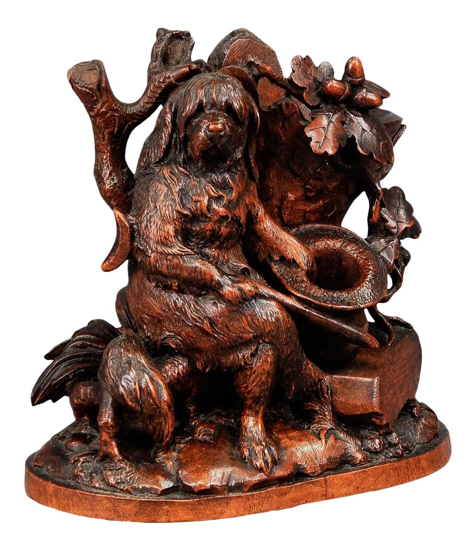 Black Forest Carved Disabled Dog - Brienz Ca. 1900: Fine Carved Black Forest Statue of a Disabled Dog - Brienz ca. 1900 A very nice and fine Swiss wood carving. The disabled long hair terrier is resting beside a stub with his crook on his legs. The
