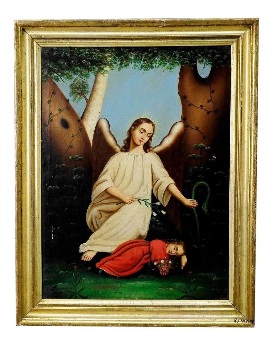 Early 20th Century Unknown - Angel With Sleeping Child: Oil Painting on Canvas Painting Angel with Sleeping Child A great angelic oil painting depicting an angel sheltering a sleeping child from a snake. Oil painting on canvas with vigorous pastell colors.