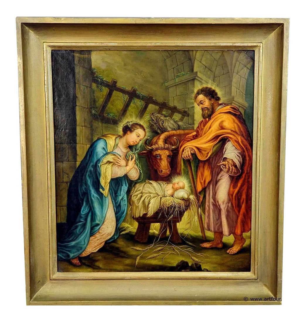 Unknown - Mary and Joseph in the Barn of Bethlehem: Mary and Joseph in the Barn of Bethlehem, Oil Painting on Canvas A naturalistic oil painting depicting Joseph, Maria and the holy child in the barn of Bethlehem. Oil painting on canvas with vigorous p