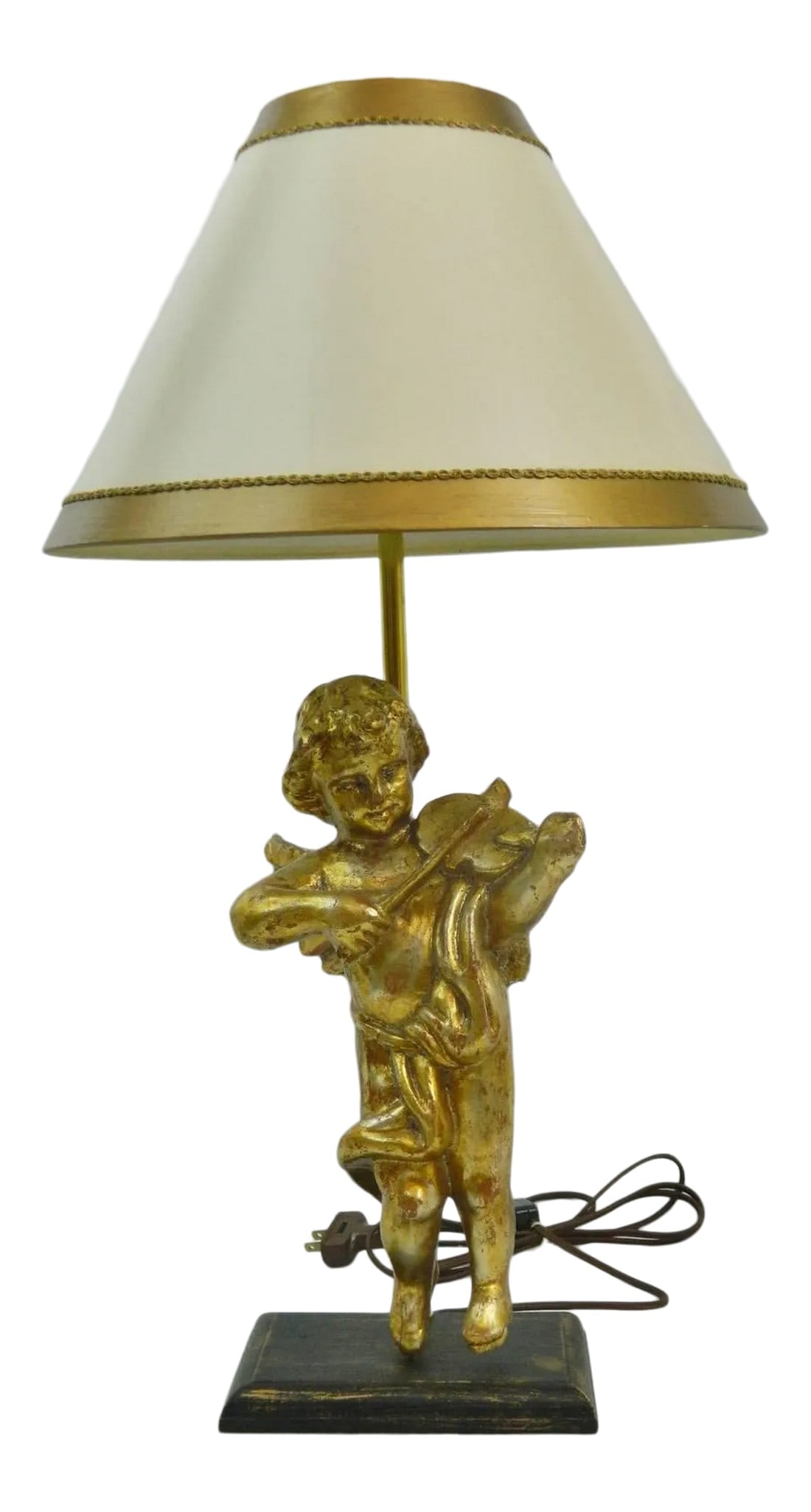 Baroque Style Carved Giltwood Cherub or Putti Adapted as a Lamp, 20th Century: Early 20th century Baroque style carved giltwood cherub or putti musician depicted as playing a violin and adapted as a lamp. Condition: Alterations: Original Condition Unaltered Imperfections: Some I