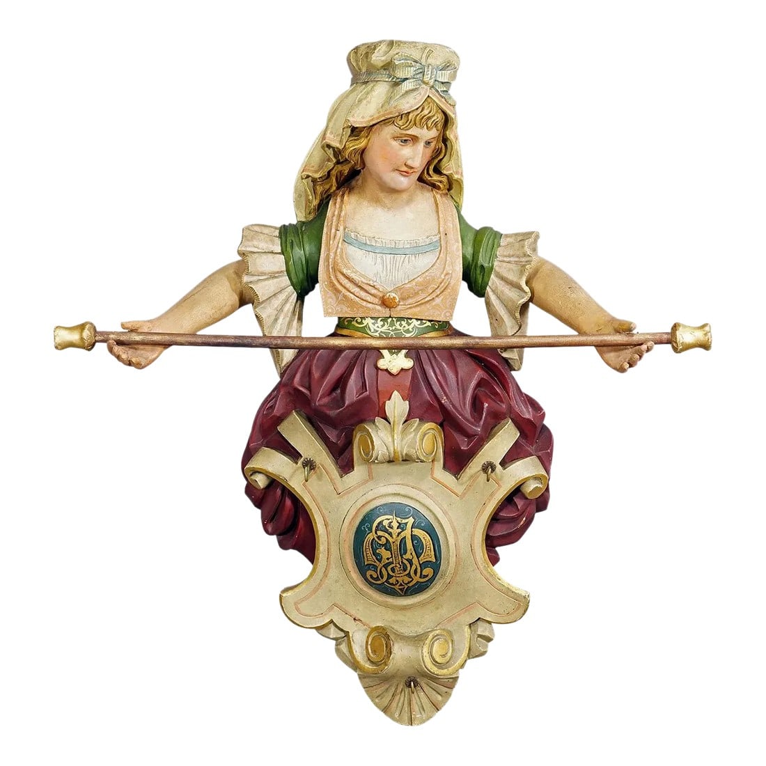 Expressive Carved Wooden Lady Towel Holder Ca. 1900: Expressive Carved Wooden Lady Towel Holder ca. 1900 A large unique towel rail, hand carved and painted. Modeled as a beautiful Victorian maid carrying a bar as a towel holder. At the bottom is a