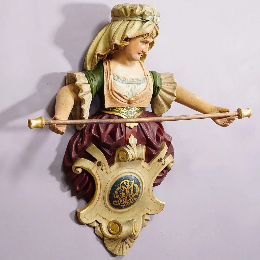 Expressive Carved Wooden Lady Towel Holder Ca. 1900 - 2