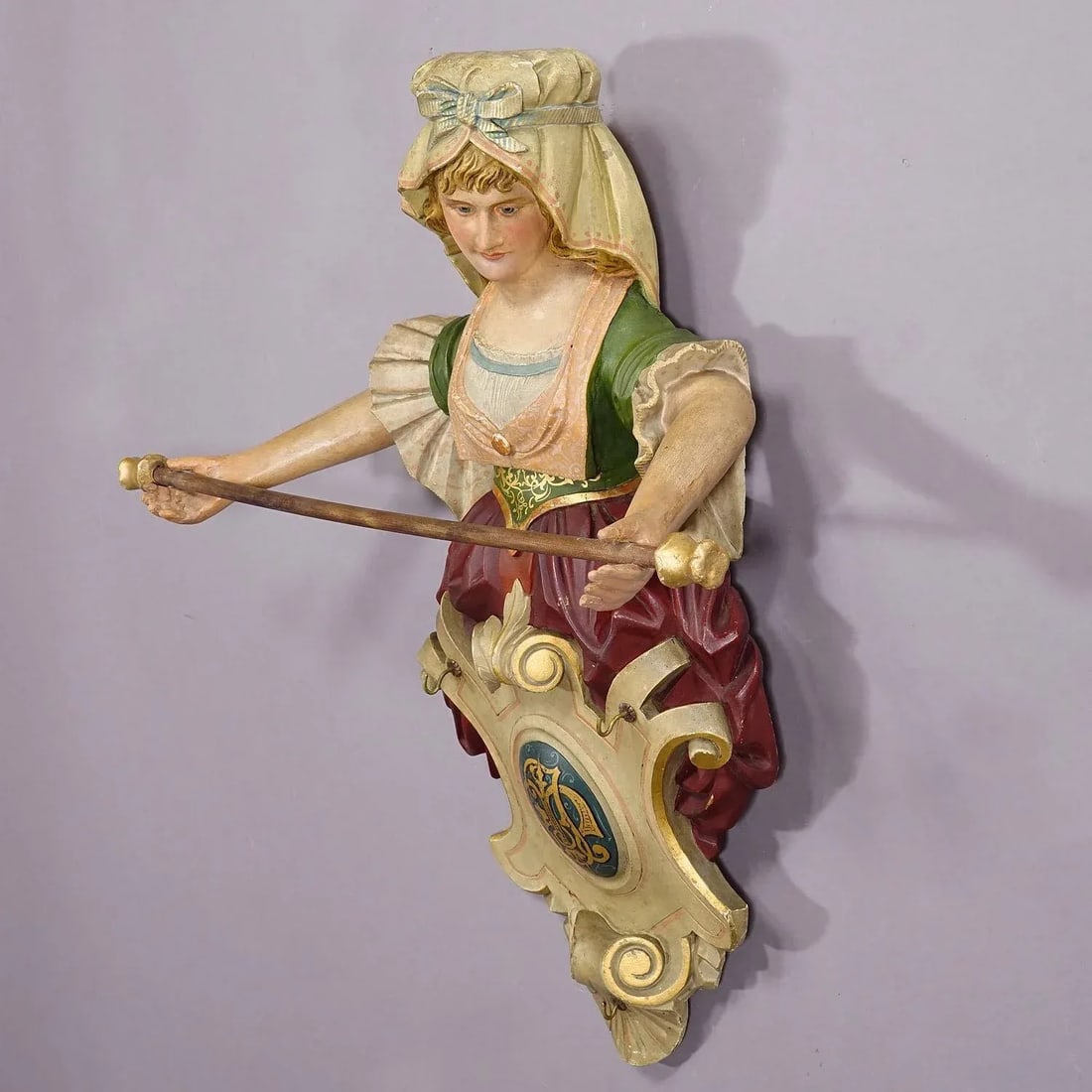 Expressive Carved Wooden Lady Towel Holder Ca. 1900 - 3