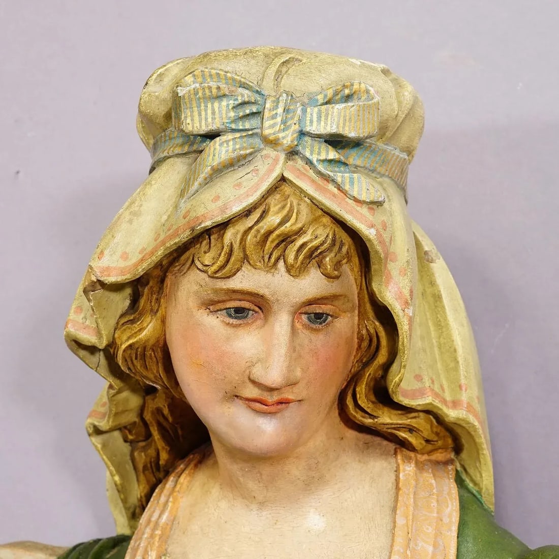 Expressive Carved Wooden Lady Towel Holder Ca. 1900 - 4