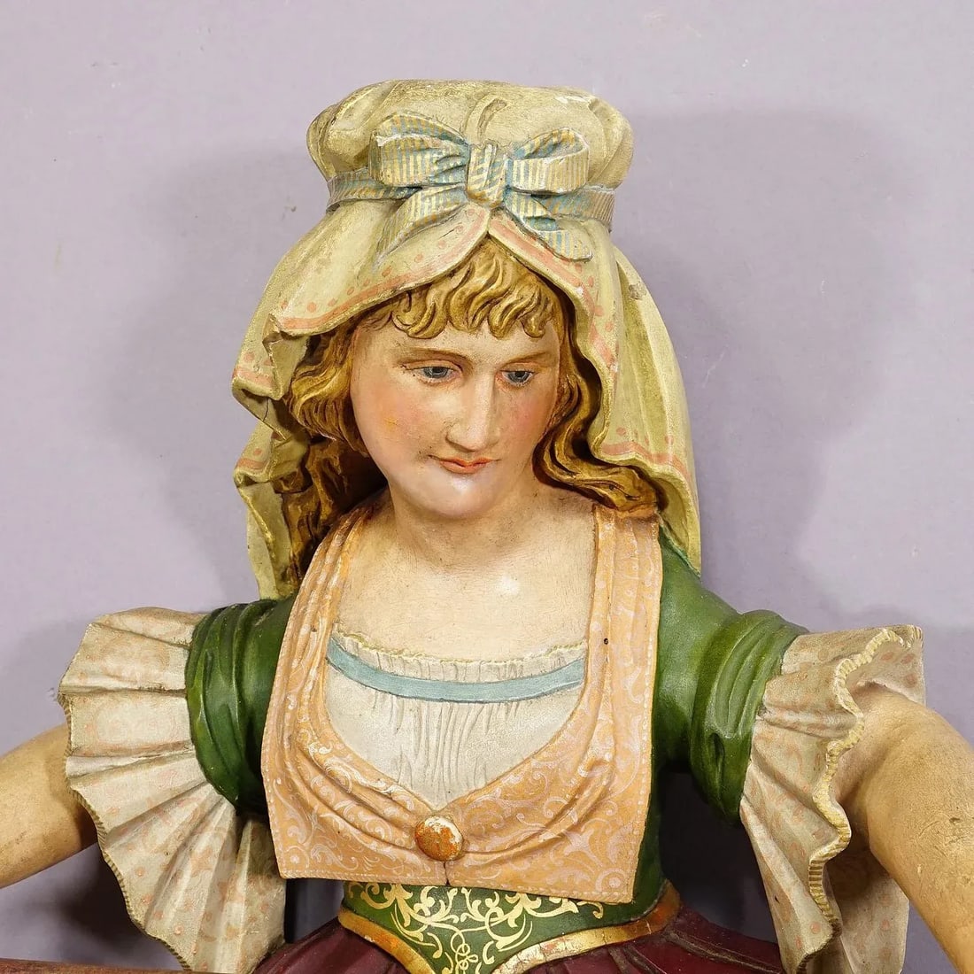 Expressive Carved Wooden Lady Towel Holder Ca. 1900 - 5