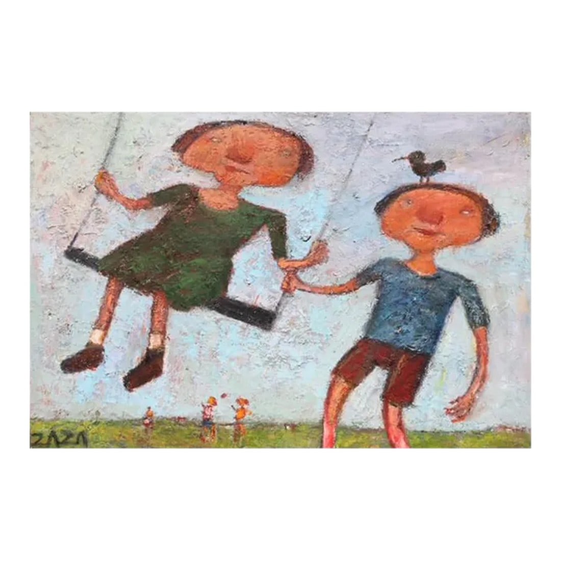 Original Signed "Children Swinging" by Zaza Khabuliani: Original Signed "Children Swinging" by Zaza Khabuliani. Signed lower left by artist Zaza Khabuliani (b. 1966, Republic of Georgia). Title: "Children Swinging" Medium: Oil on Canvas, Layered Impasto