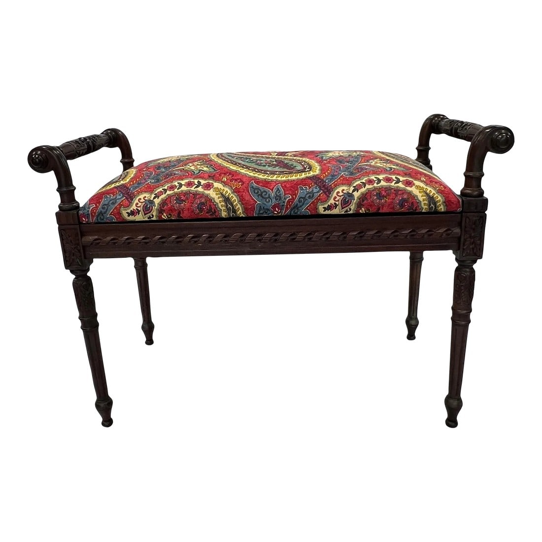 1920s Italian Hand Carved Mahogany Bench: 1920s Italian Hand carved mahogany bench. Upholstery has Paisley and floral print fabric. Red background with shades of blue, green, gold and aqua. Measures 33" x 16" d x 23.5" h at top of arms. Seat