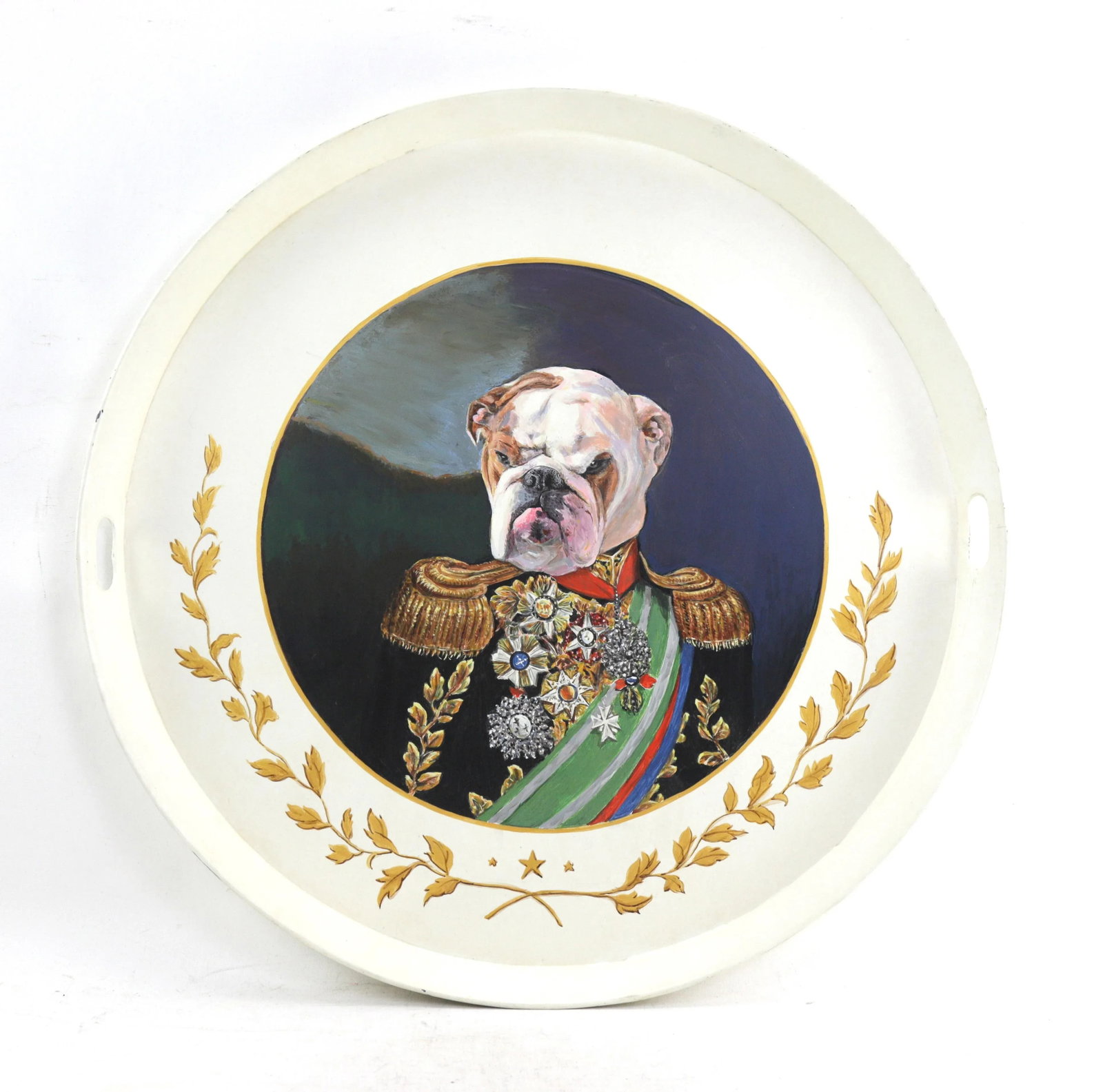 Vintage Iron Handmade Tray With Bulldog in Imperial Costume - 11