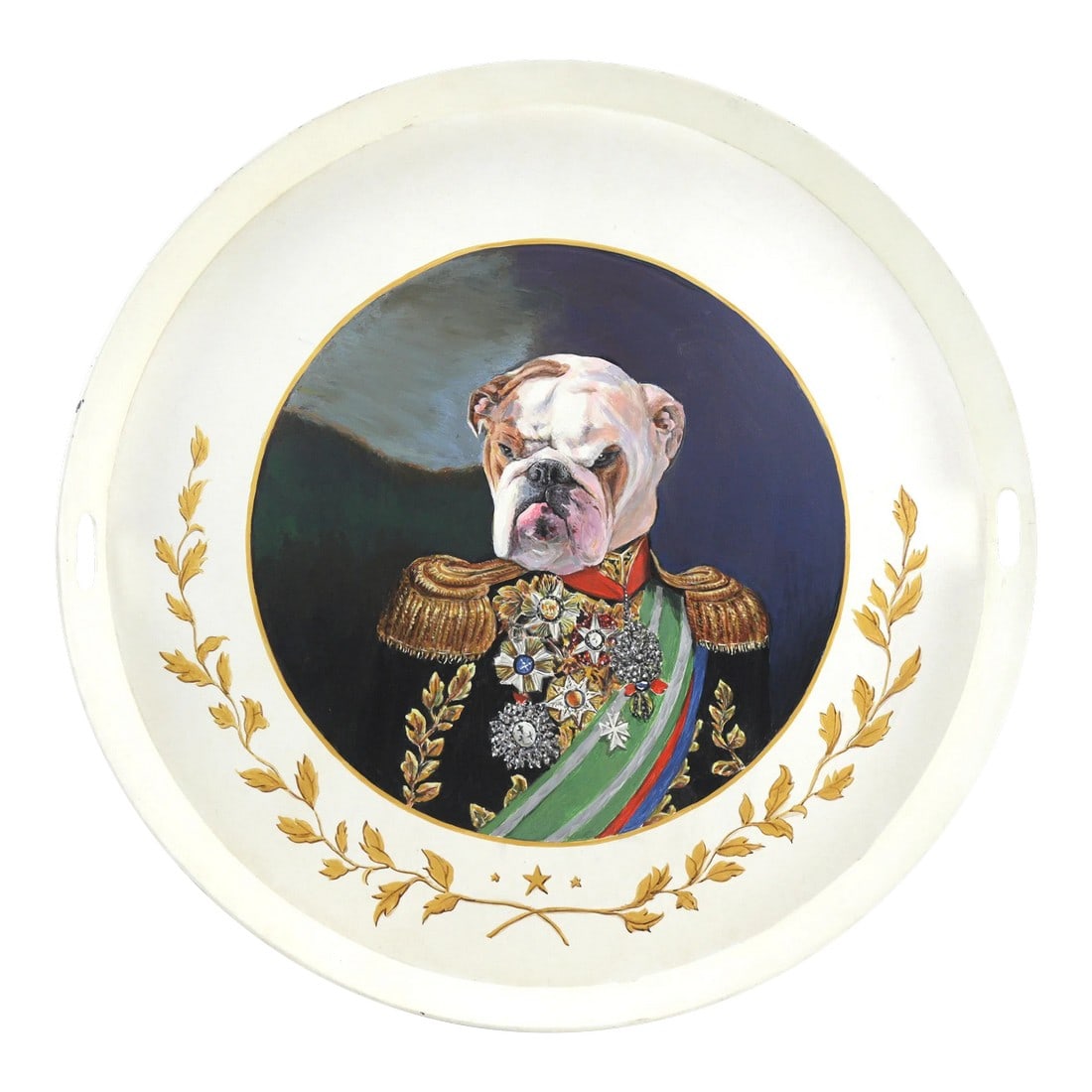 Vintage Iron Handmade Tray With Bulldog in Imperial Costume: This handmade iron tray has a unique artistic sense, showing the image of a bulldog in imperial costume from another perspective. The bulldog's majestic expression is rigorous, and his shoulders are