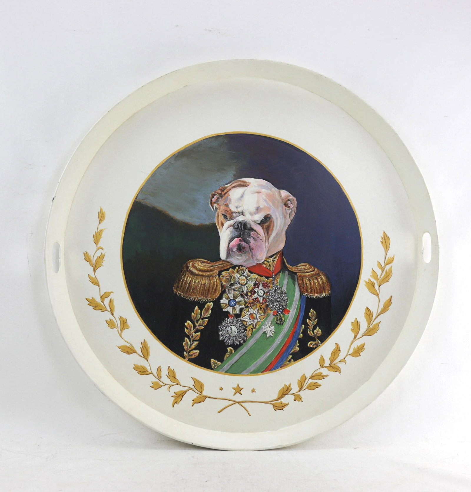Vintage Iron Handmade Tray With Bulldog in Imperial Costume - 2