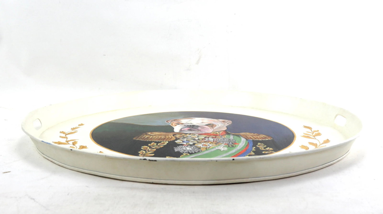 Vintage Iron Handmade Tray With Bulldog in Imperial Costume - 3