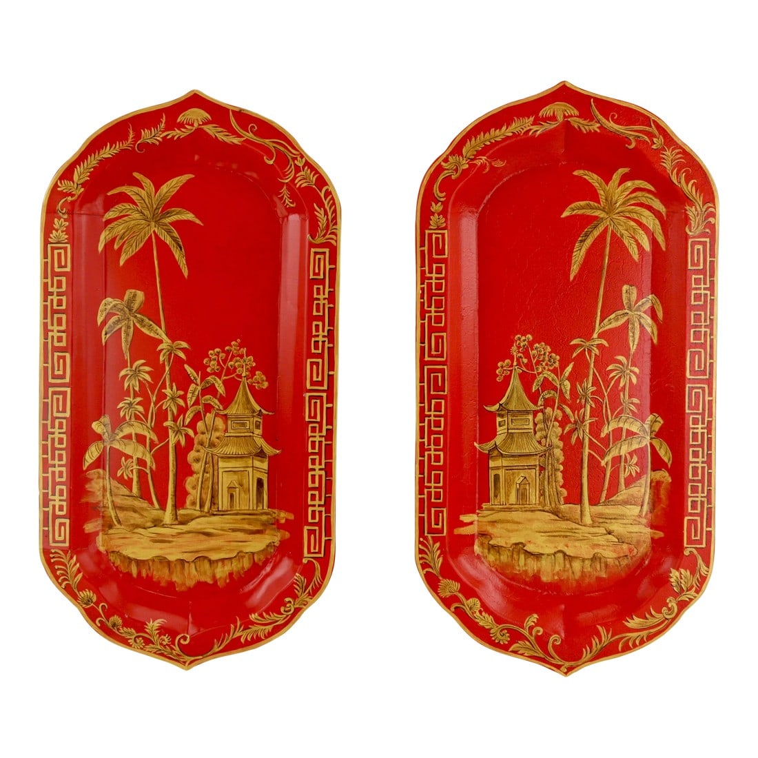 Pair of Red Hand-Painted Iron Chinoiseries Style Trays: Pair of red hand-painted iron chinoiseries style trays Condition: Alterations: Original Condition Unaltered Imperfections: Some Imperfections Condition Notes: Well preserved. Some scratches and signs