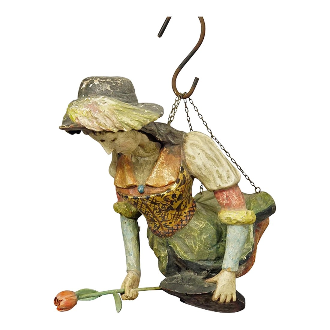 Antique Hanging Piece of a Medieval Lady Ca. 1900s: Antique Hanging Piece of a Medieval Lady ca. 1900s An antique hanging piece of a medieval noble lady holding blazon and rose. The statue is made of handcarved and painted wood. Carved in Germany
