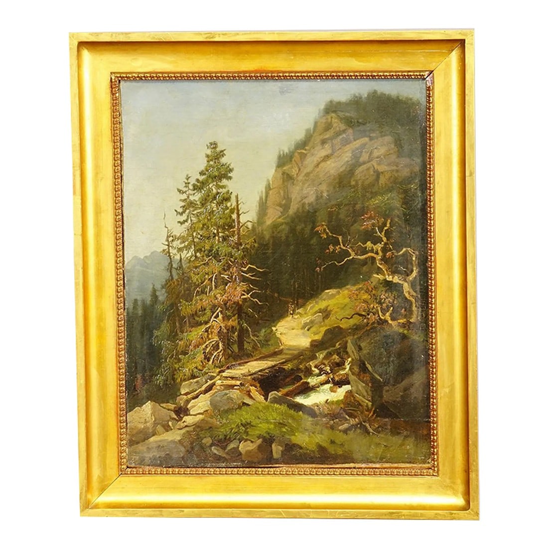 Summerly Mountain Landscape With Hiker on Hiking Trail, 19th Century: Summerly Mountain Landscape with Hiker on Hiking Trail, 19th century An antique oil painting depicting a hiker on an alpine hiking trail and a bridge over a mountrain stream. Painted on canvas with