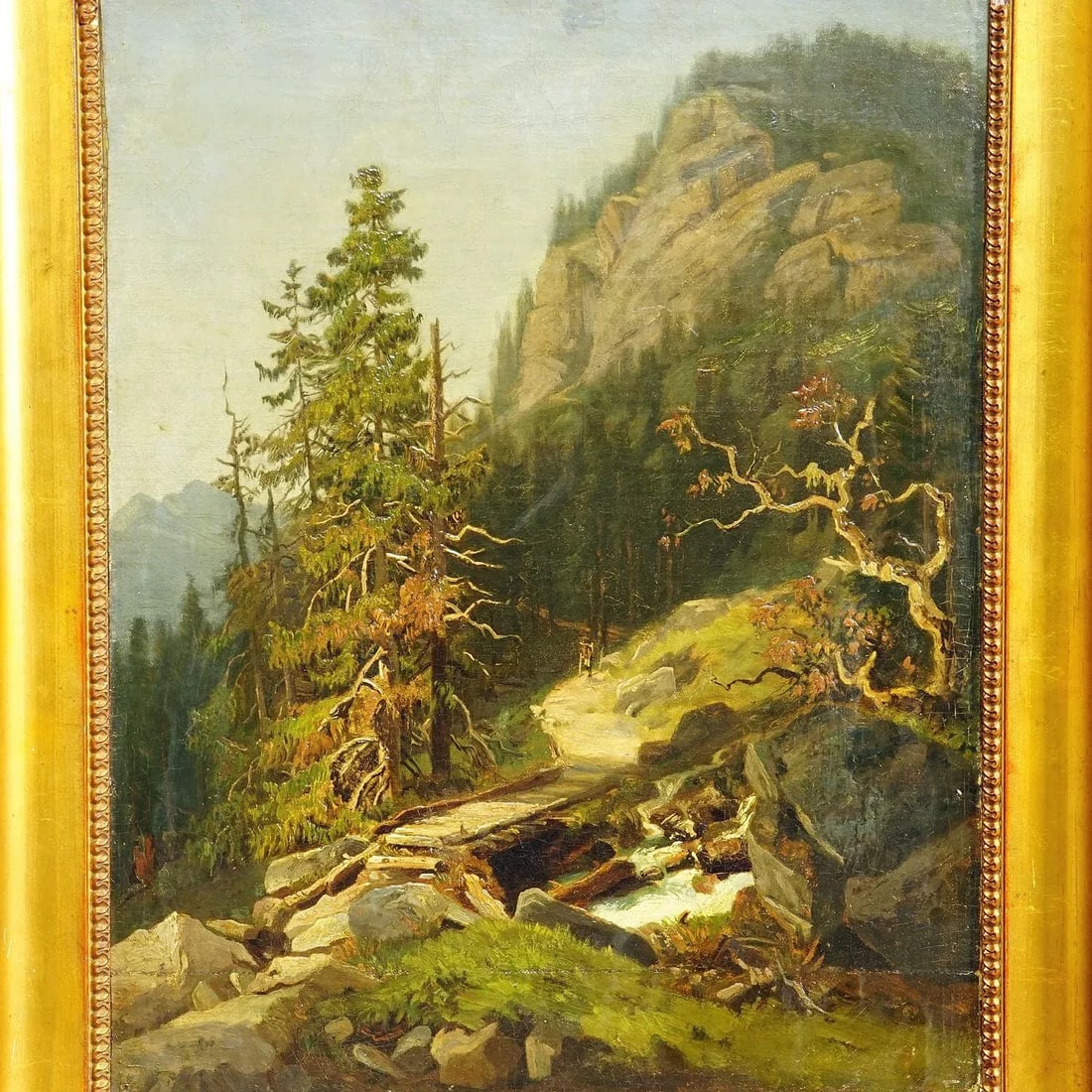 Summerly Mountain Landscape With Hiker on Hiking Trail, 19th Century - 4
