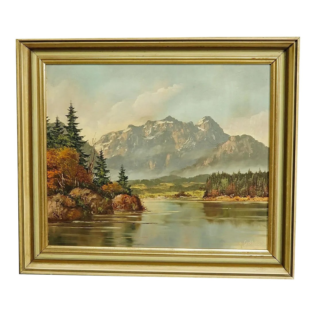 Josef Sedlmeier - Sunrise Over the Lake Misurina in the Dolomites: Josef Sedlmeier - Sunrise Over the Lake Misurina in the Dolomites A colorful oil painting depicting a high mountain landscape with the lake Misurina in front of the Three Pinnacles (Drei Zinnen) in