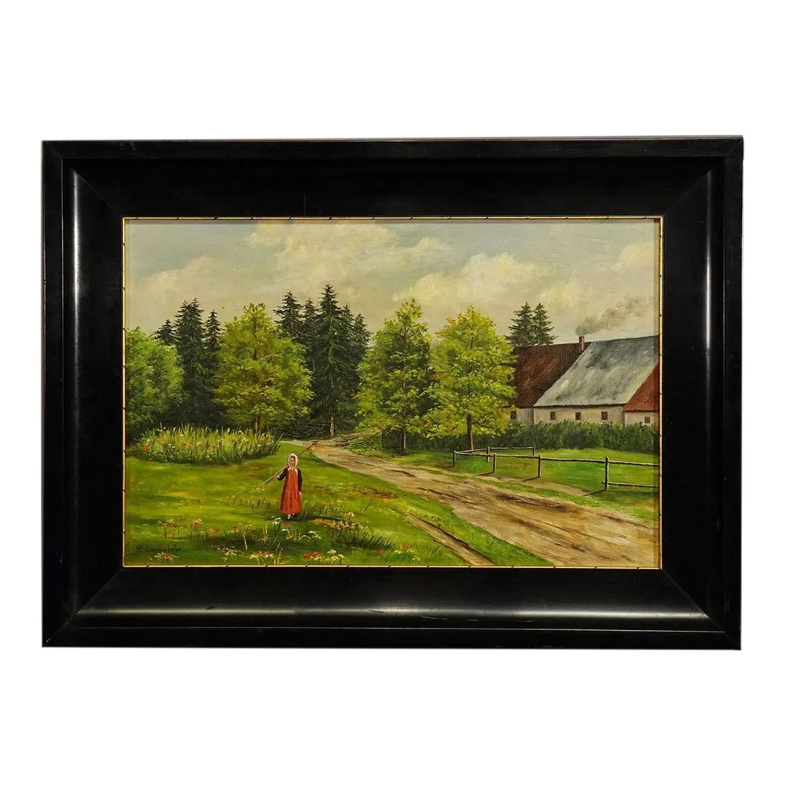Antique Oil Painting Farm Girl on a Flower Meadow by M. E. Ummenhofer: Antique Oil Painting Farm Girl on a Flower Meadow by M. E. Ummenhofer An impressive antique oil painting depicting a farm girl on a summerly flower meadow with farm house in the background. Oil