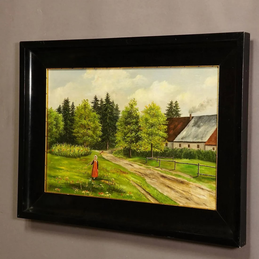 Antique Oil Painting Farm Girl on a Flower Meadow by M. E. Ummenhofer - 2
