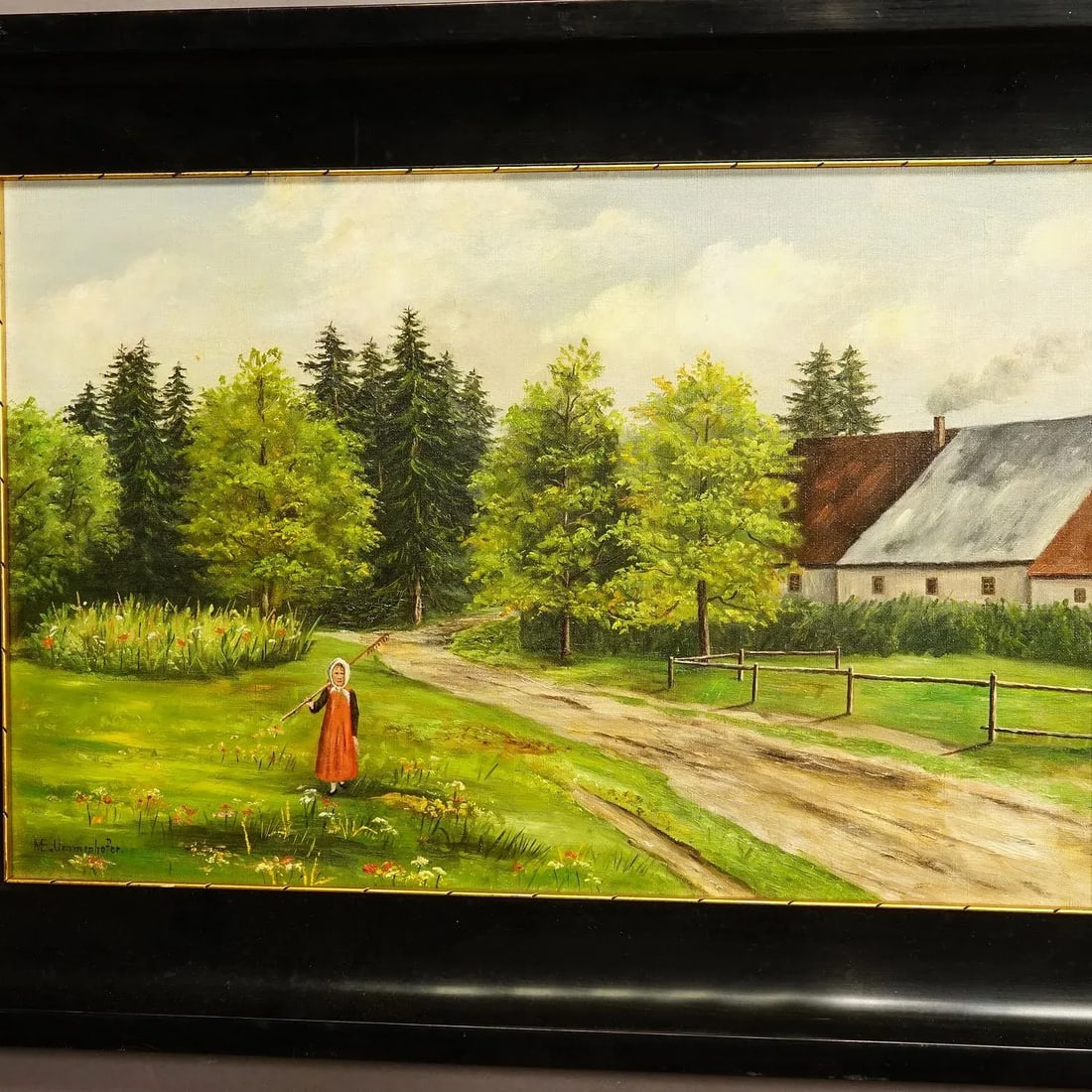 Antique Oil Painting Farm Girl on a Flower Meadow by M. E. Ummenhofer - 3