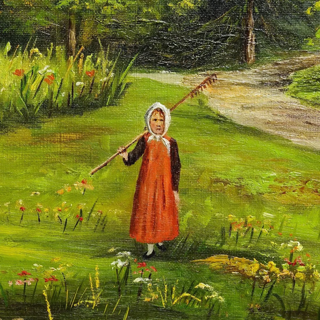 Antique Oil Painting Farm Girl on a Flower Meadow by M. E. Ummenhofer - 4