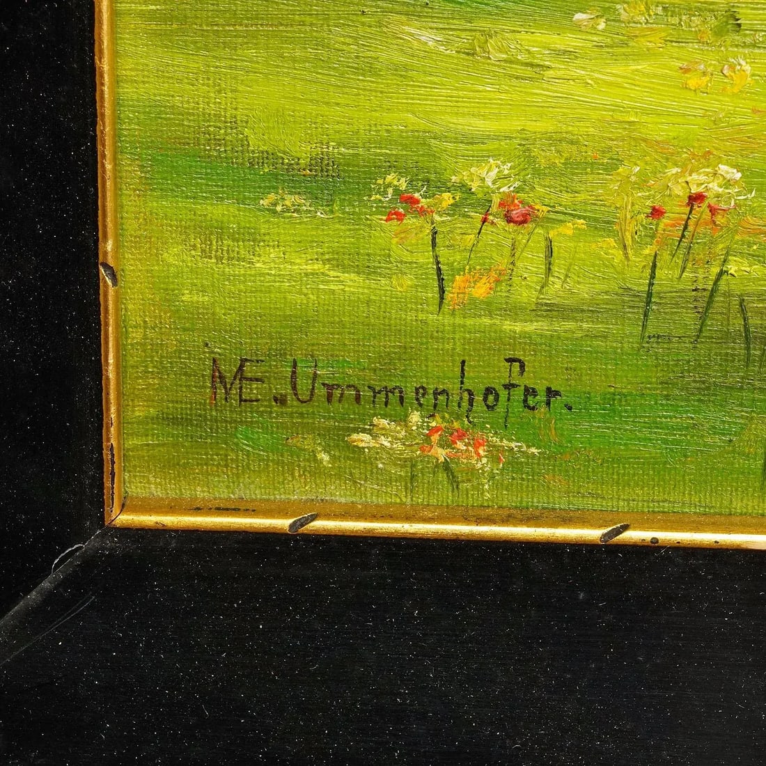Antique Oil Painting Farm Girl on a Flower Meadow by M. E. Ummenhofer - 5