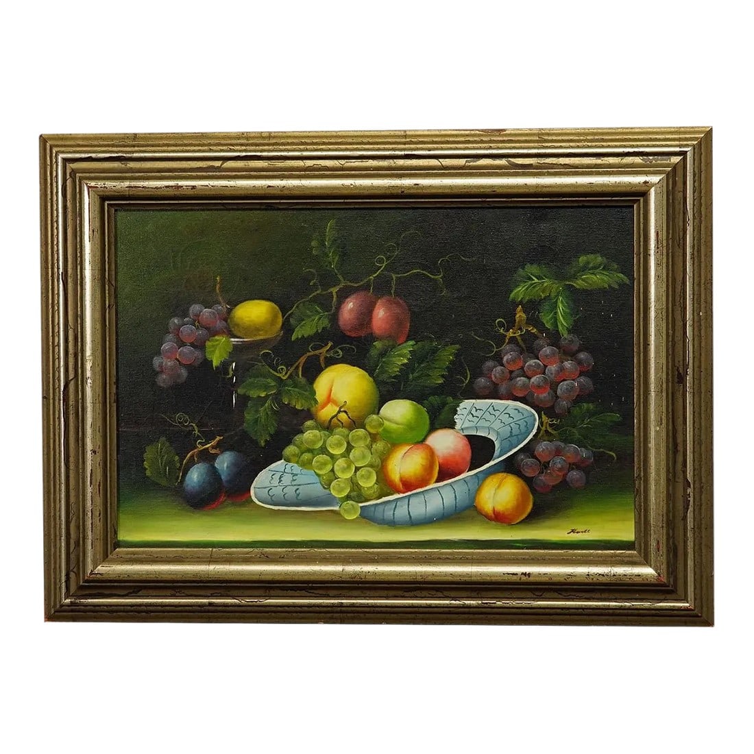 Still Life With Fruits, Oil Painting on Canvas, Germany 1950s: Still Life with Fruits, Oil Painting on Canvas, Germany 1950s An impressive Biedermeier style still life painting depicting diverse fruits like plums, grapes or peaches. Painted in oil on canvas with