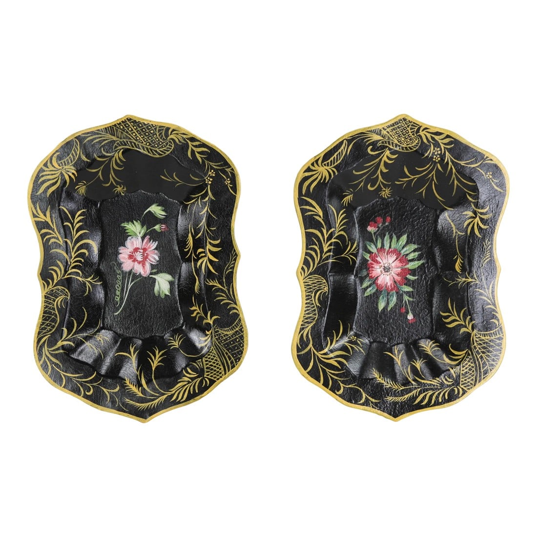 Pair of Iron Hand-Painted Floral Trays: Pair of Iron Hand-Painted Floral Trays Condition: Alterations: Original Condition Unaltered Imperfections: Some Imperfections Condition Notes: This item may show signs of age, fading or use (however