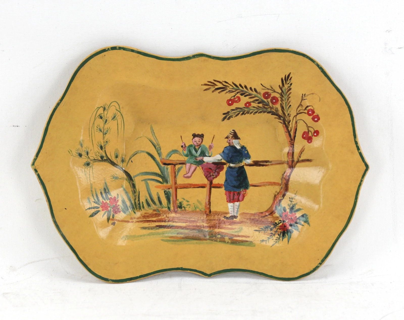 Vintage Yellow Hand Painted Chinoiseries Plate and Serving Tray - 10