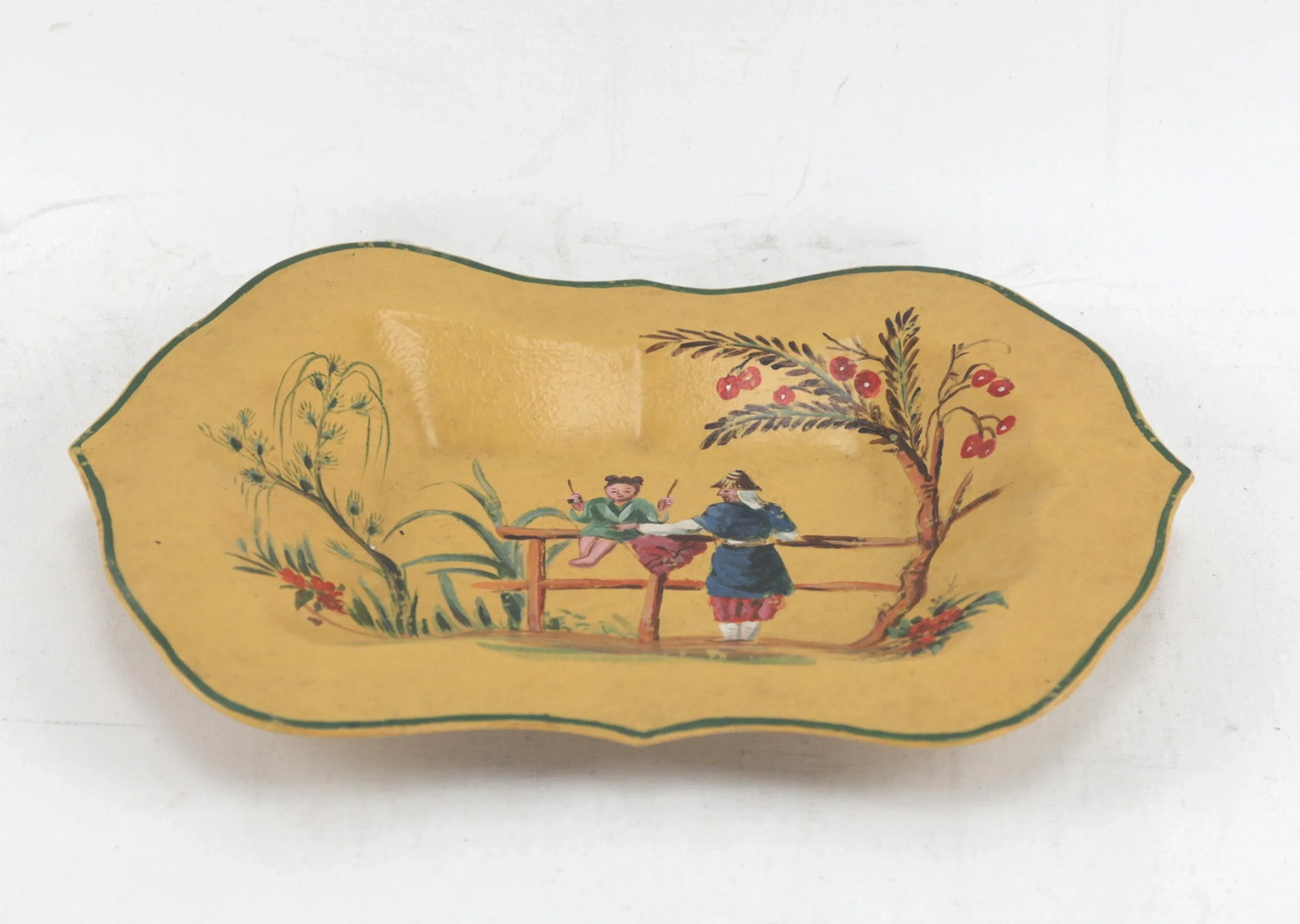 Vintage Yellow Hand Painted Chinoiseries Plate and Serving Tray - 2