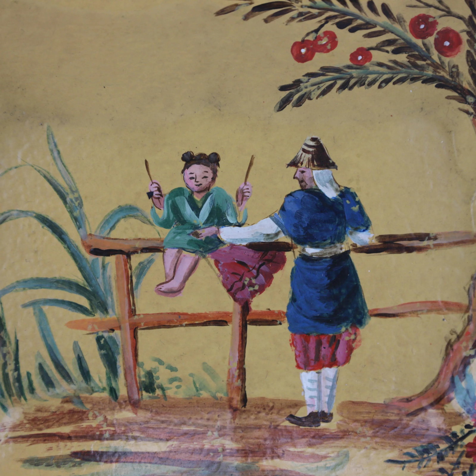 Vintage Yellow Hand Painted Chinoiseries Plate and Serving Tray - 7