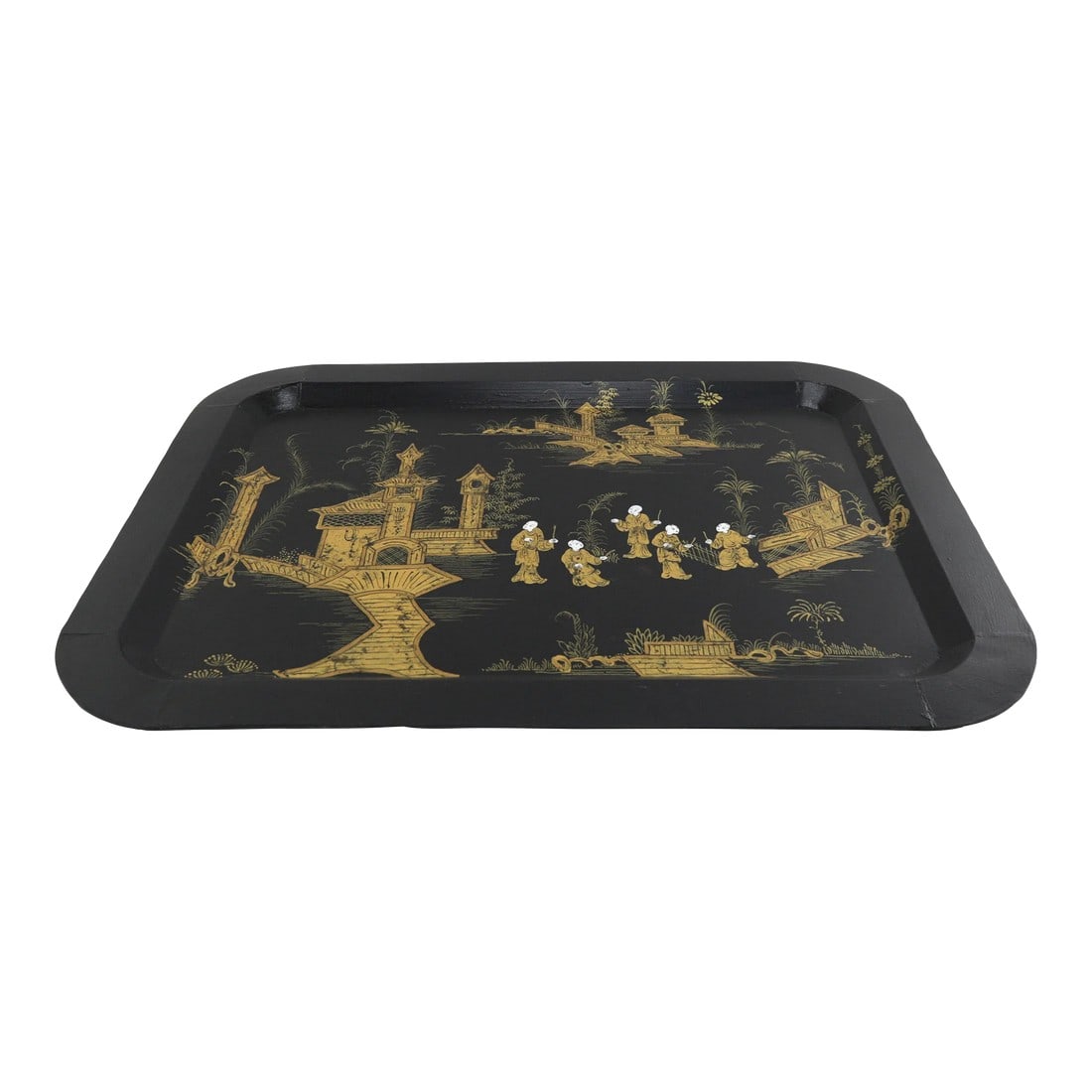 Vintage Black Hand Painted Gold Chinoiseries Plate Serving Tray (1 of 8)