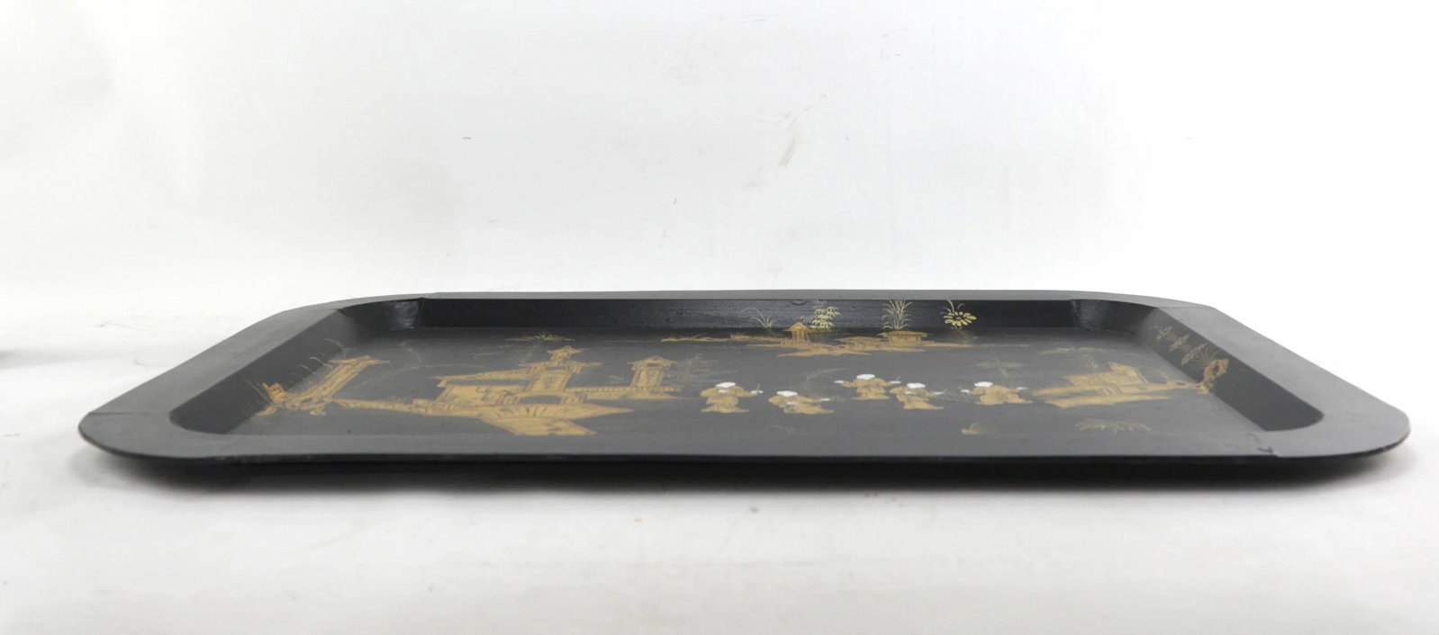 Vintage Black Hand Painted Gold Chinoiseries Plate Serving Tray - 2