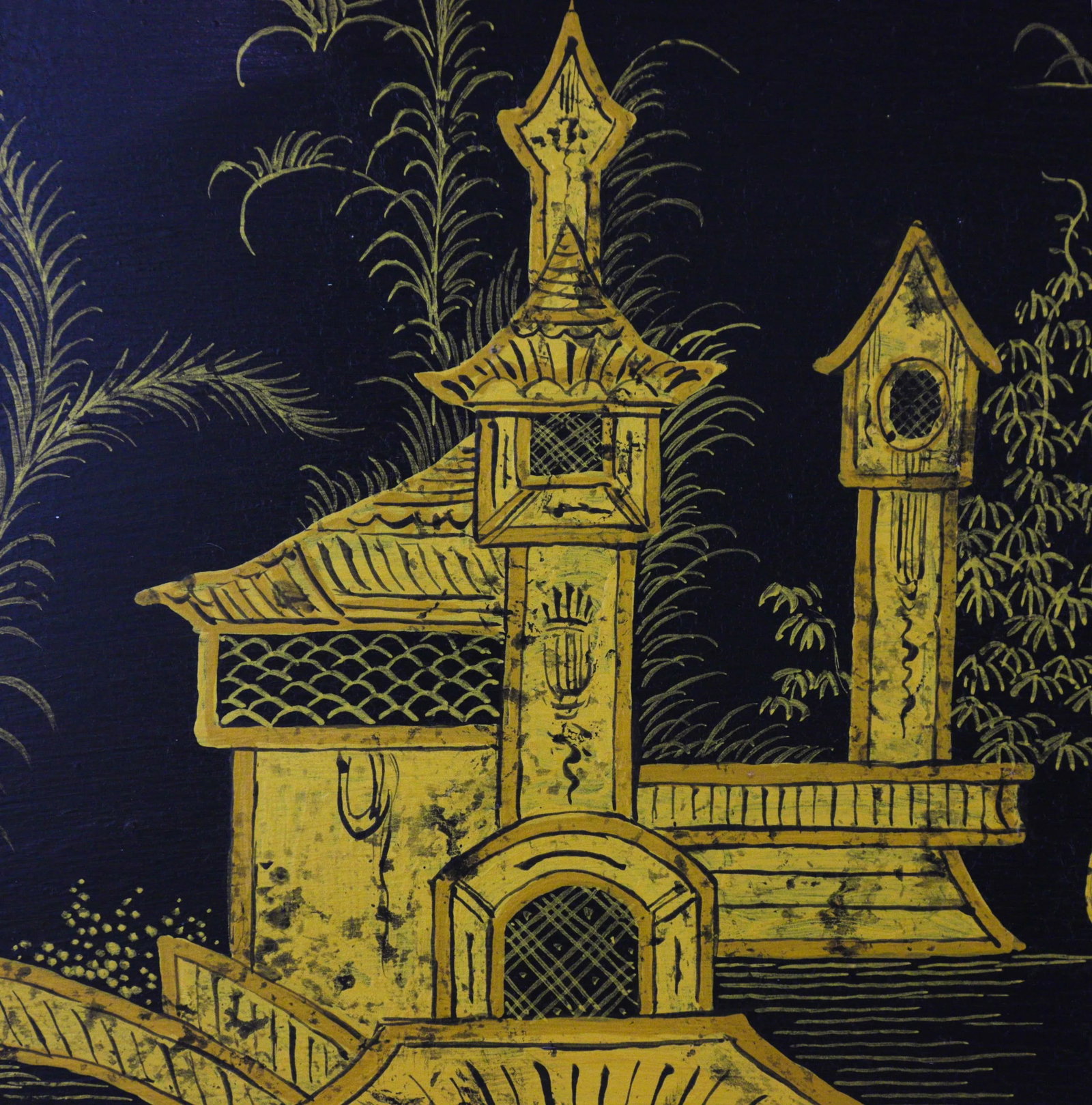 Vintage Black Hand Painted Gold Chinoiseries Plate Serving Tray - 6