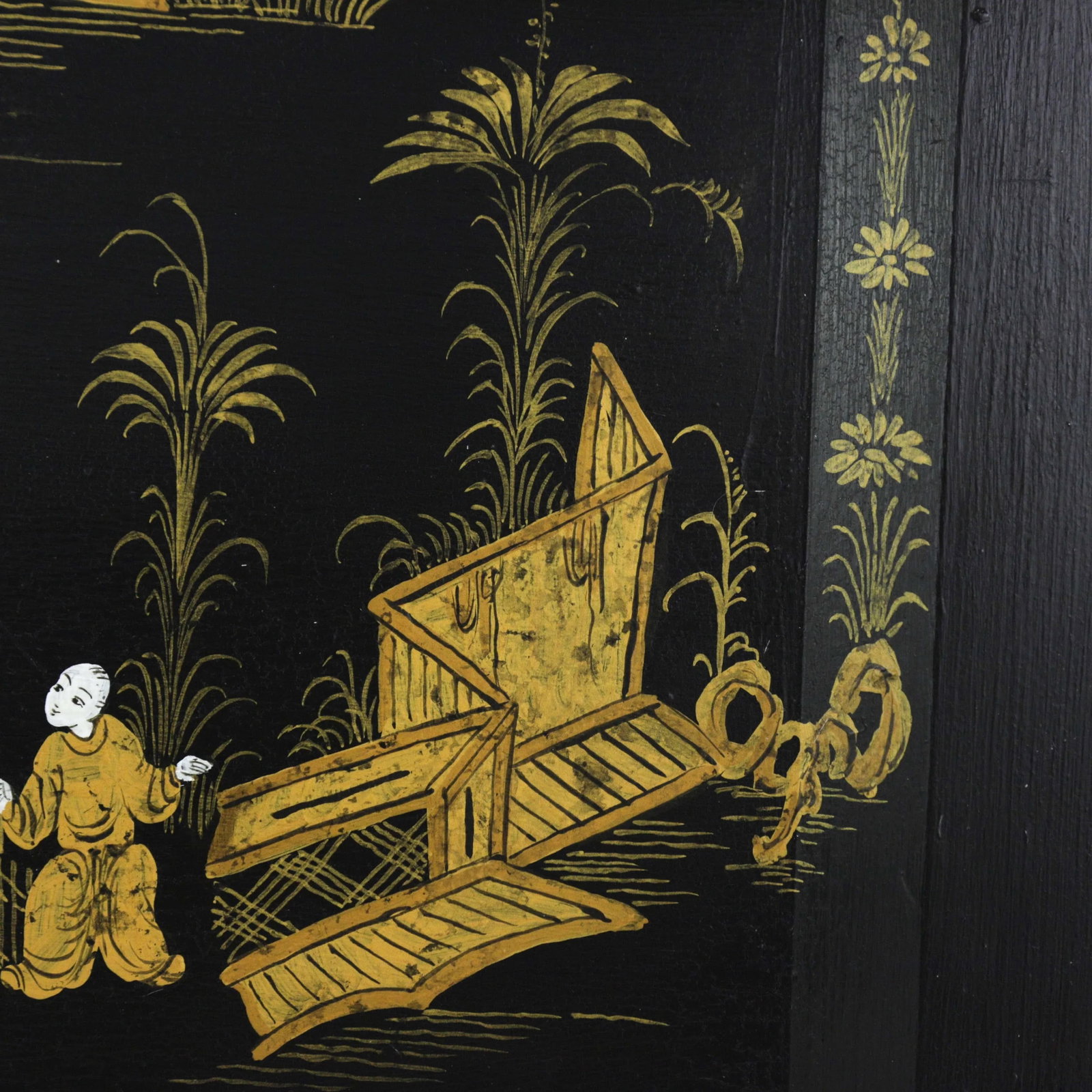 Vintage Black Hand Painted Gold Chinoiseries Plate Serving Tray - 7