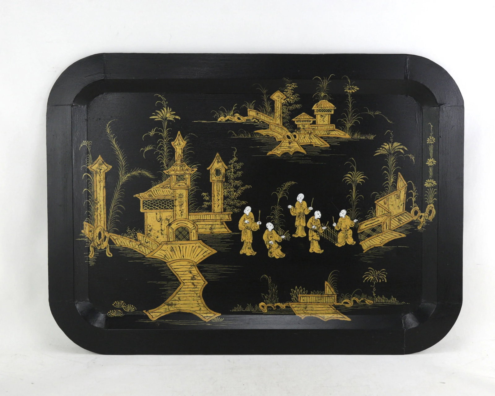 Vintage Black Hand Painted Gold Chinoiseries Plate Serving Tray - 8