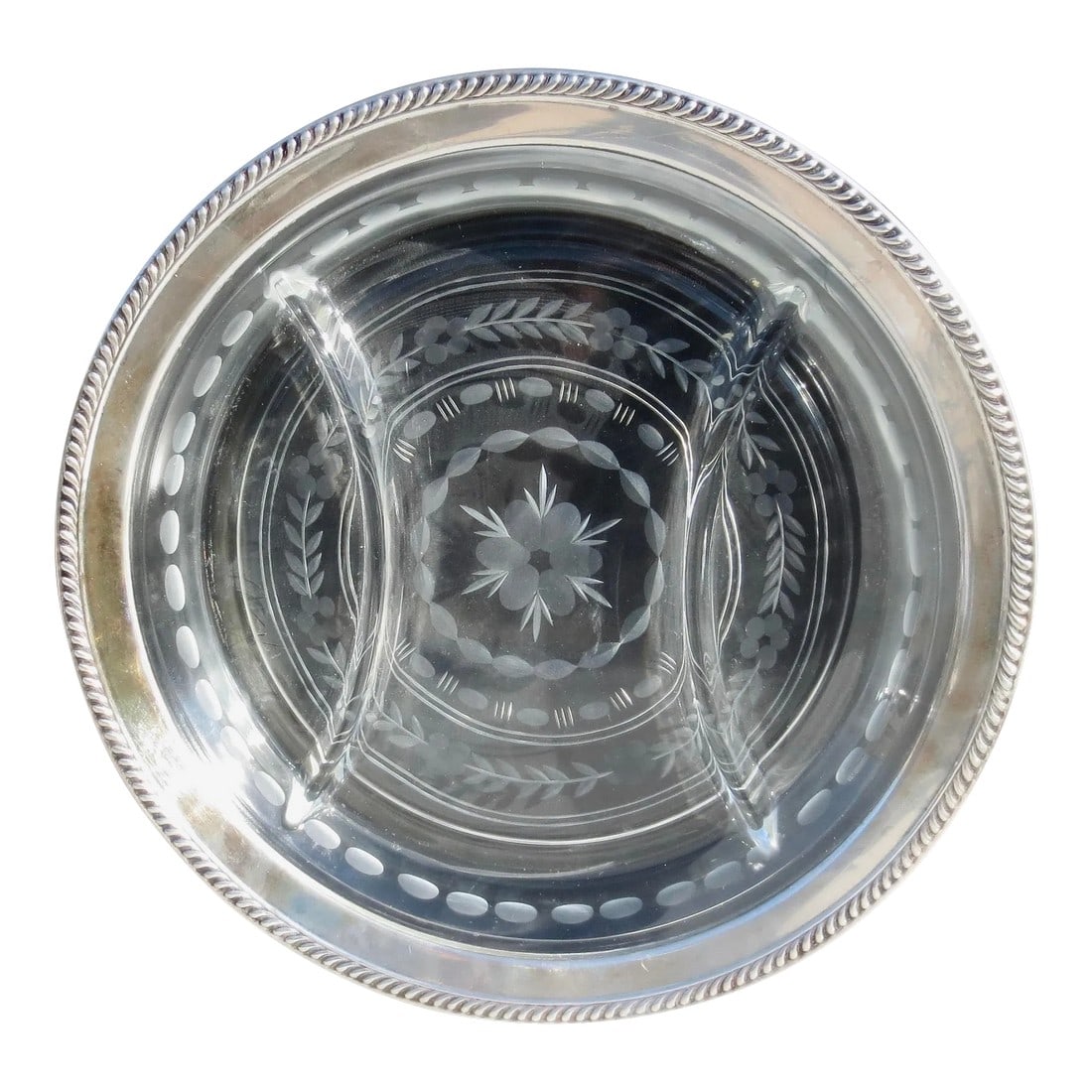 Wallace Sterling Rimmed Cut Glass Serving Dish: Three-part cut glass serving tray with shallow dividers in the design with Wallace sterling silver rim. Hand-cut , wheel-cut pattern added the the bottom surface and marked Wallace to the underside.