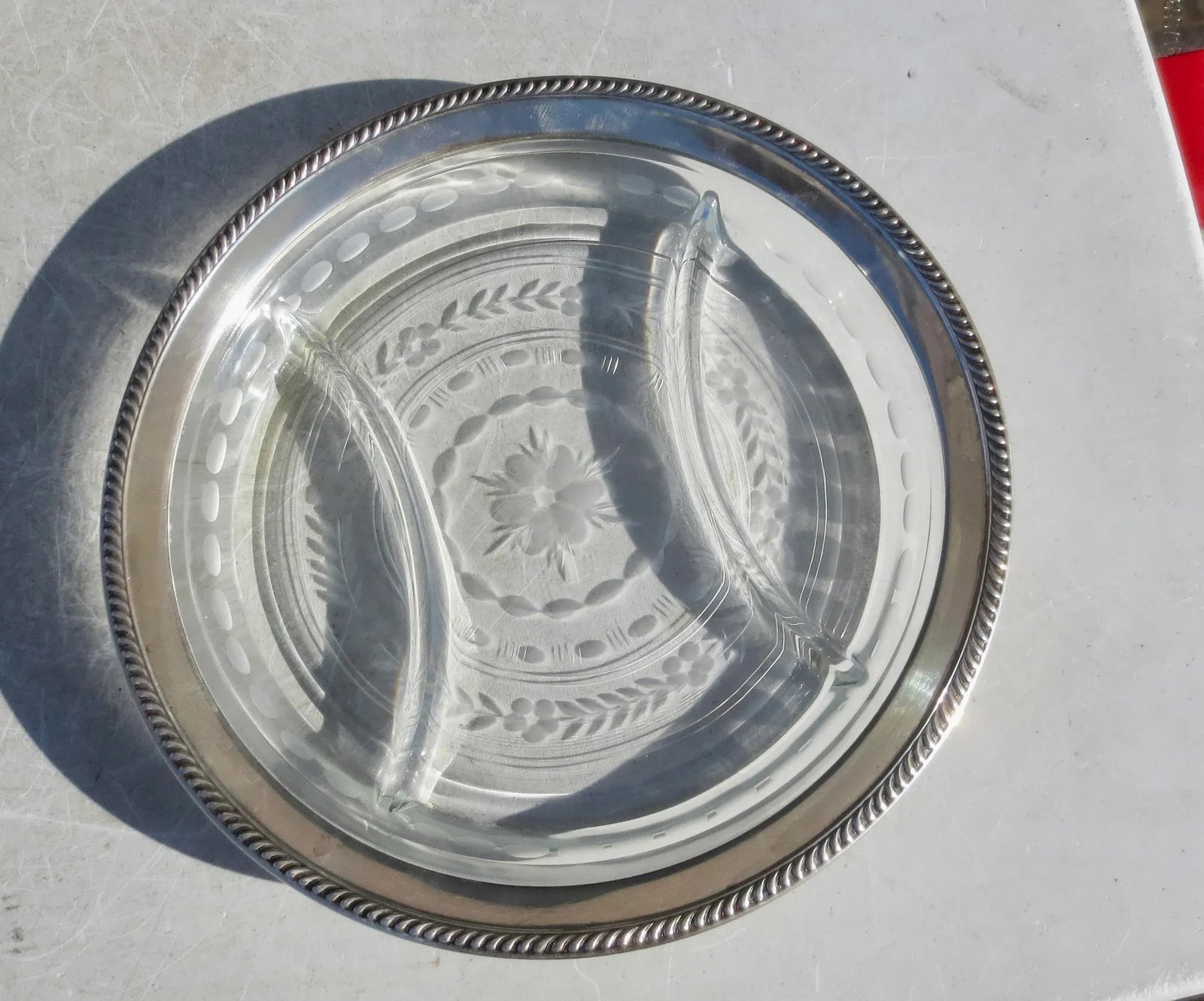 Wallace Sterling Rimmed Cut Glass Serving Dish - 3