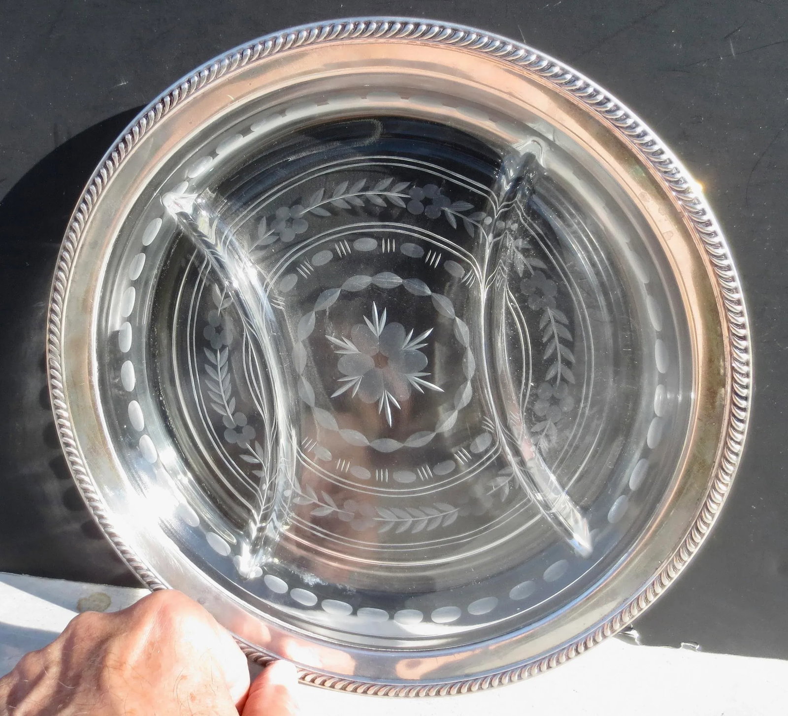 Wallace Sterling Rimmed Cut Glass Serving Dish - 4
