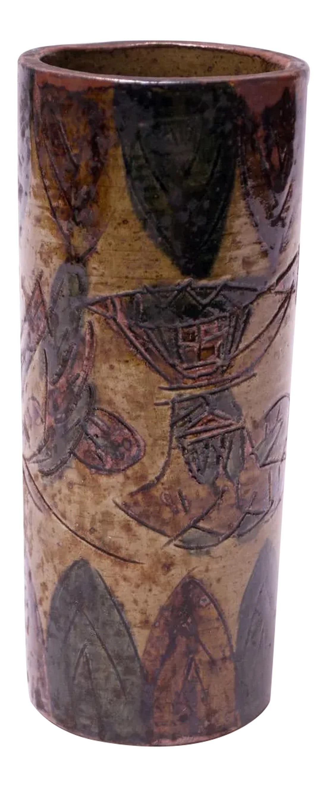 Vintage Japanese Otagiri Incised Vase by Omc: Circa 1950s stoneware vase (Otagiri vase) produced by the Otagiri Mercantile Company (OMC) of Japan. OMC hired renowned artists including Bob Harrison, Wendy Morgan, Kurt R. Kress and Tom Taylor to