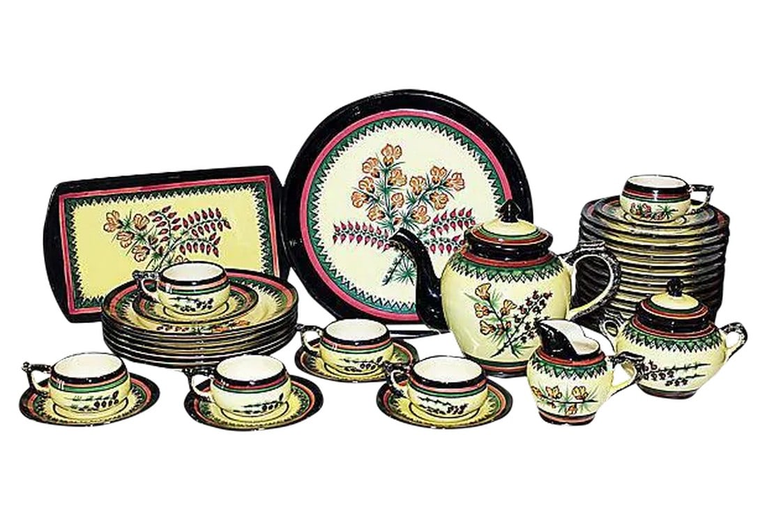 Henriot Quimper Tea Set - 35 Pieces: Direct from our French container, a large set of Henriot Quimper tea and dessert service with dinner plates for six in unusual floral pattern. 35 pieces includes; 6 teacups meas:2"H x 4.25"diam; 6