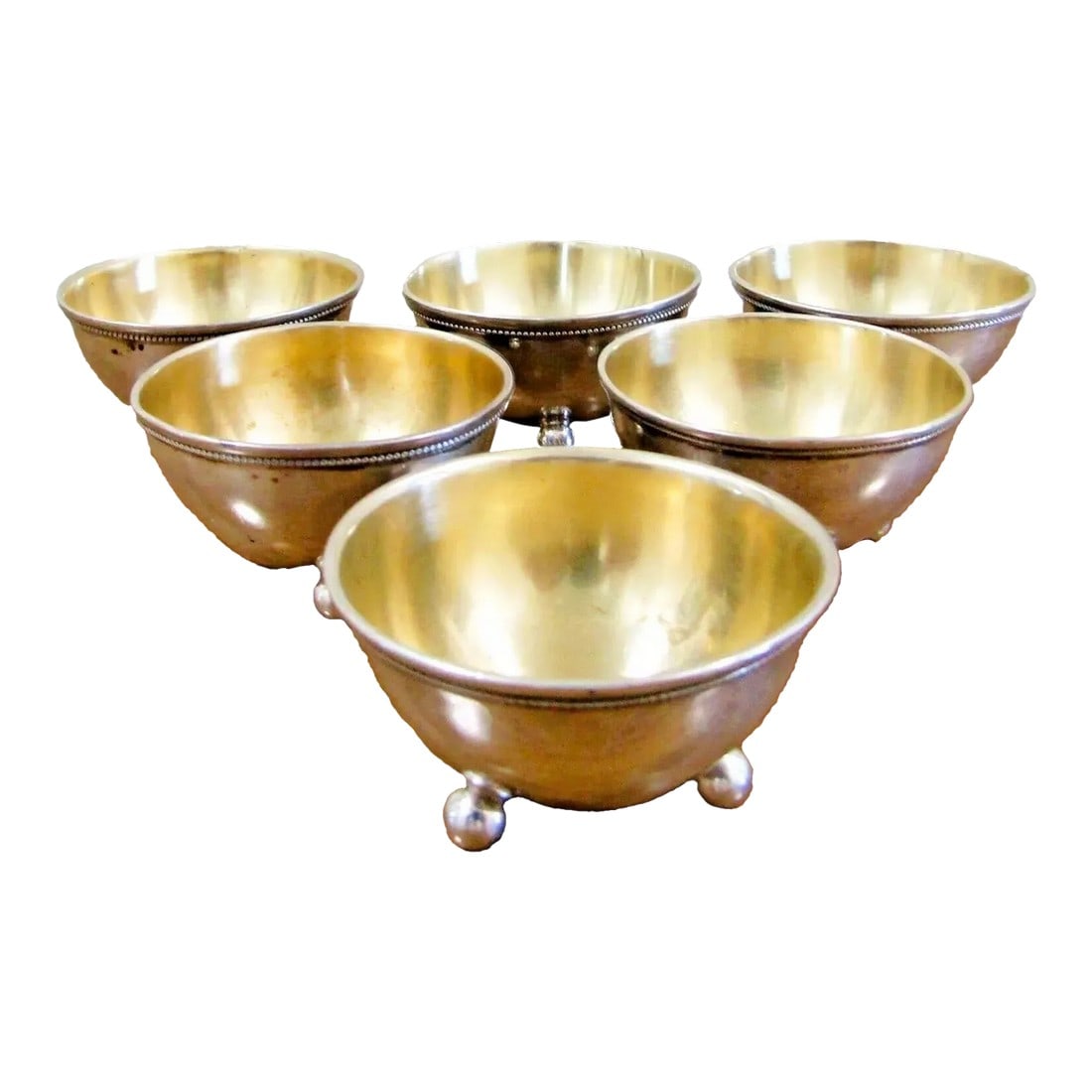 Antique National Silver Company Sterling Silver Salt Cellars Ball Feet - Set of 6: Antique National Silver Company Set of Six Sterling Silver Salt Cellars with Three Ball Feet They seem to have a gold wash interior. Each measures 1 3/4" diameter and 1" tall. Total weight is 71.2
