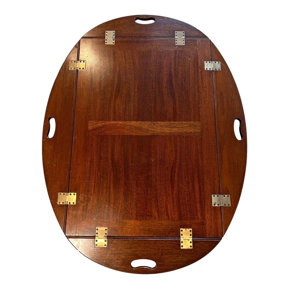 1950s Butler's Table: This table features an inlay design with brass hinges. Excellent condition. 18"H Sides up: 20.5 W" x 29.5" D Sides down: 29.5" W x 38.5" D Condition: Alterations: Unknown Imperfections: Some