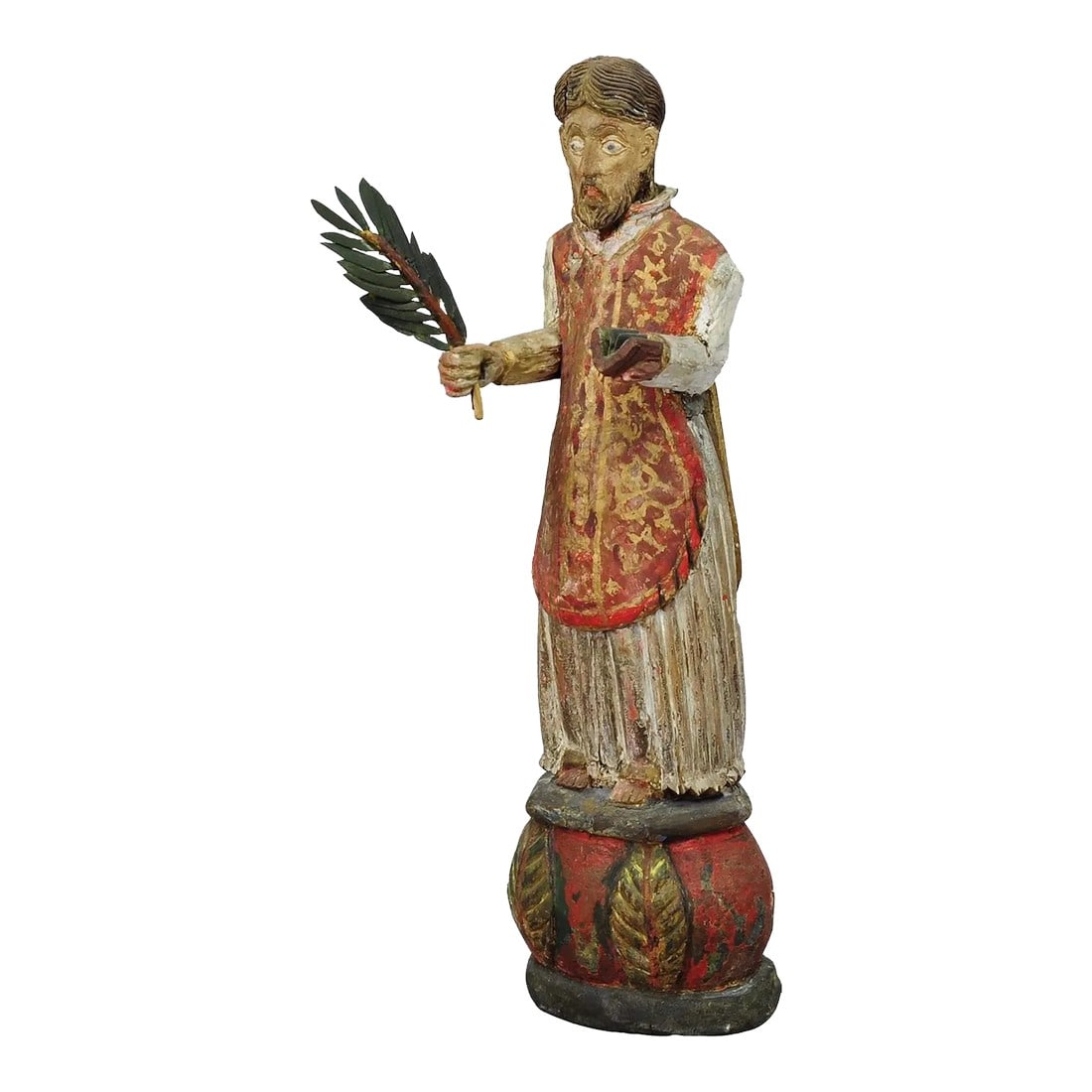 Wooden Carved Sculpture of a Saint Ca. 1850: Wooden Carved Sculpture of a Saint ca. 1850 A beautifully hand-carved and hand-painted sculpture of a Saint with palm-branch. It is made most probably in Armenian or Georgian artcrafts ca. 1850.