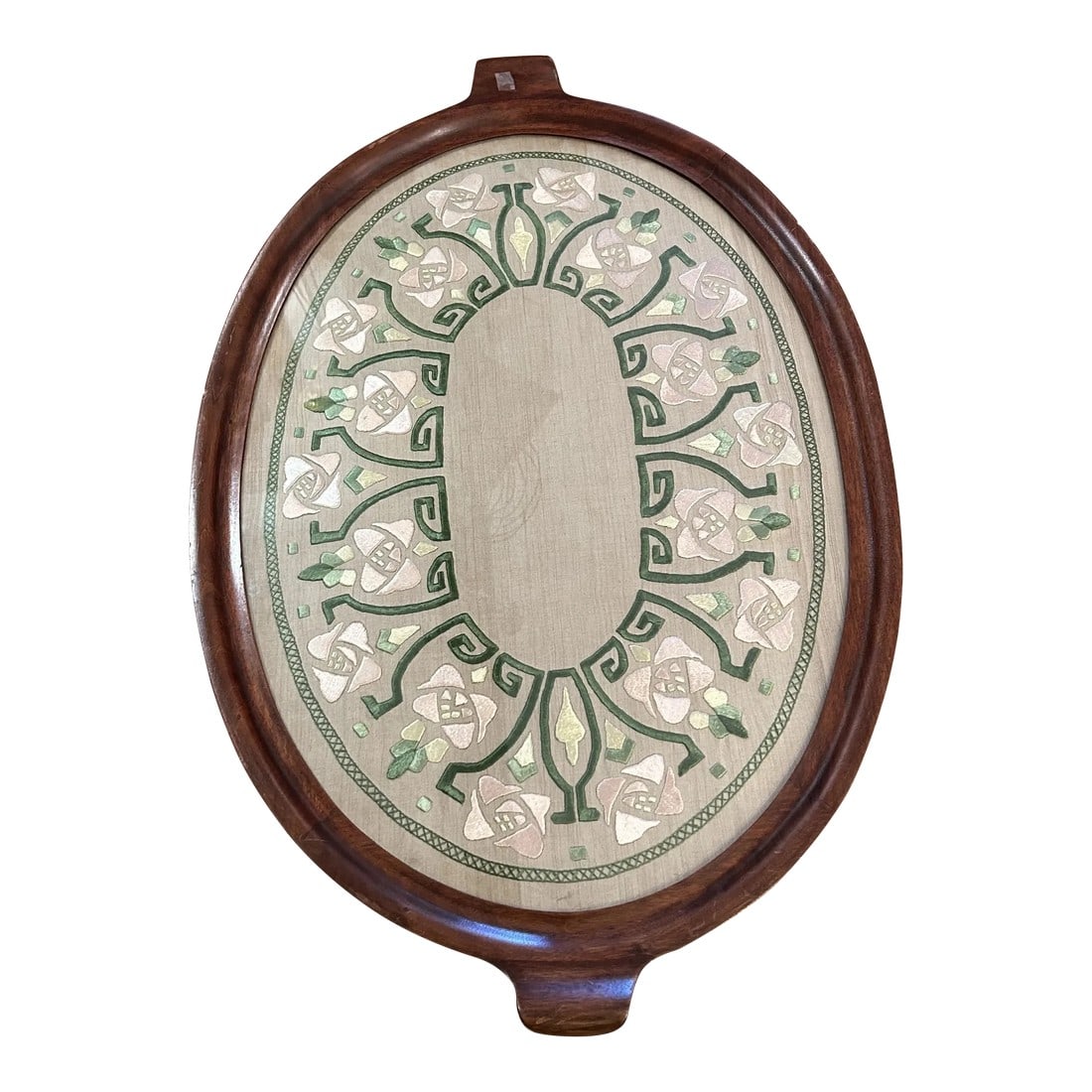 Art Nouveau Mahogany & Silk Embroidery Serving Tray: Rare and gorgeous very large art nouveau tray having mahogany border and lovely silk embroidery under glass. Condition: Alterations: Original Condition Unaltered Imperfections: Some Imperfections