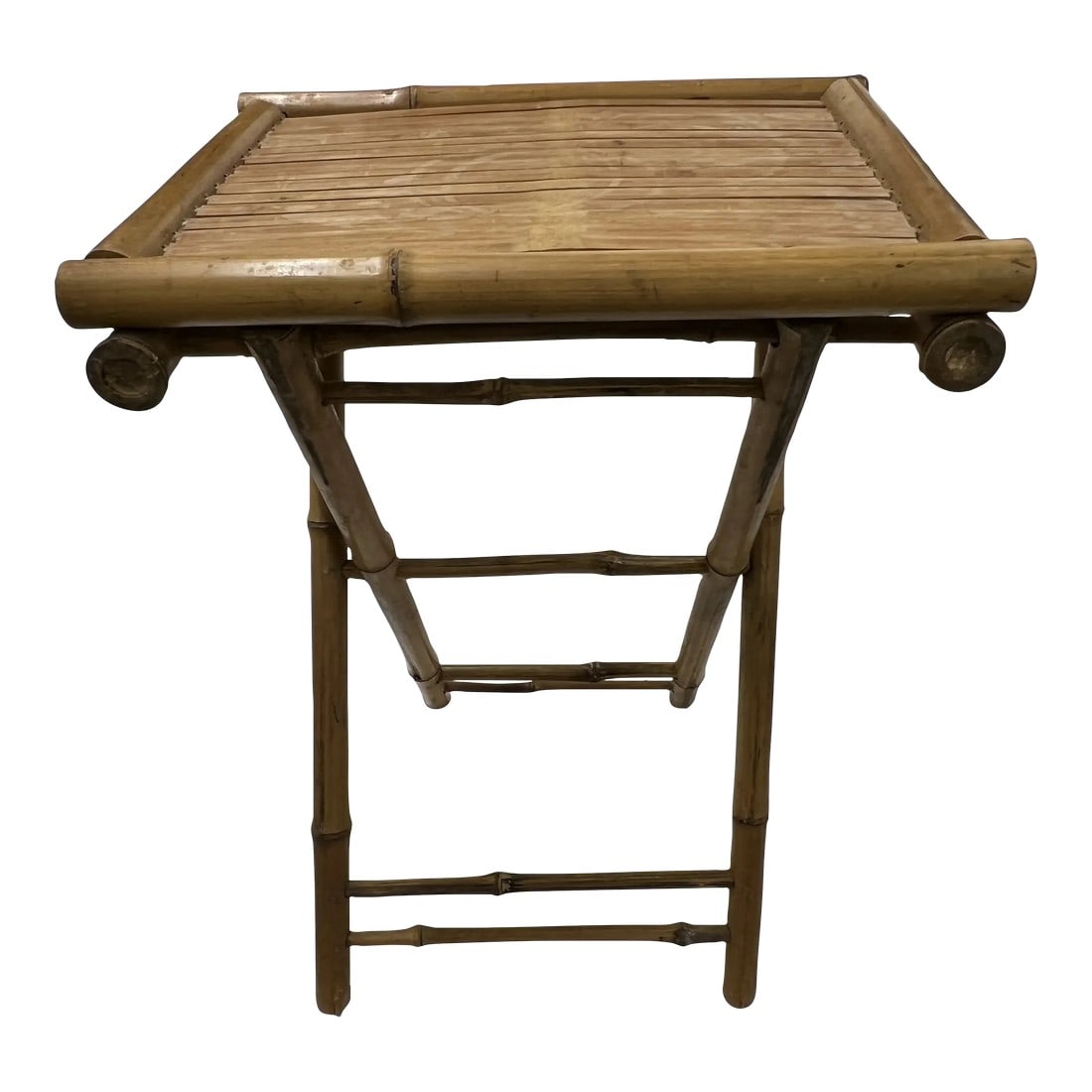 Folding Bamboo Side / Drink Table , Peg Construction: Standing measures 16" w x 13" d x 22.5" h. Folded measures 16" w x 4" thick x 27" long. Condition: Alterations: Original Condition Unaltered Imperfections: Some Imperfections Condition Notes: