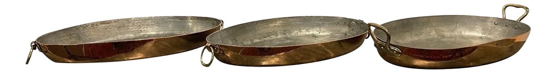 French Three Copper Sauce Pans in Different Sizes, 19th Century - Set of 3: Set of French Four Copper Pots in Different Sizes, 19th Century. Professionally cleaned and polished in France. A light coat of lacquer was applied. Sizes 10" d x 18" w x 2.25 " h 10" d x 16.5" w x