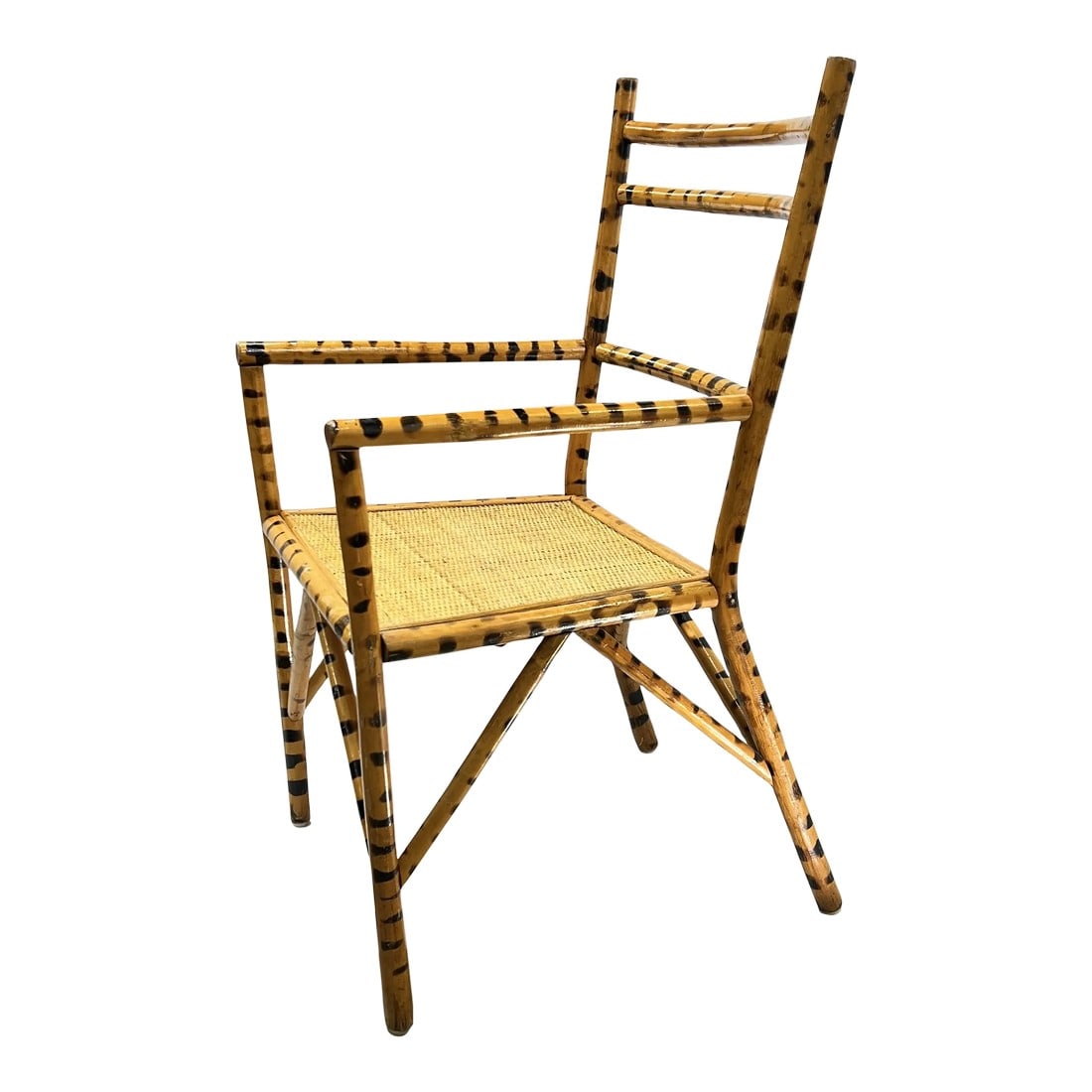 Burnt Bamboo Arm Chair With Woven Rattan Seat.: Vintage burnt bamboo arm chair with woven rattan seat. I would rate this chair as more of a decorative piece for light usage. Example: Foyer, entry or bedroom piece for coat and bag at the end of the 